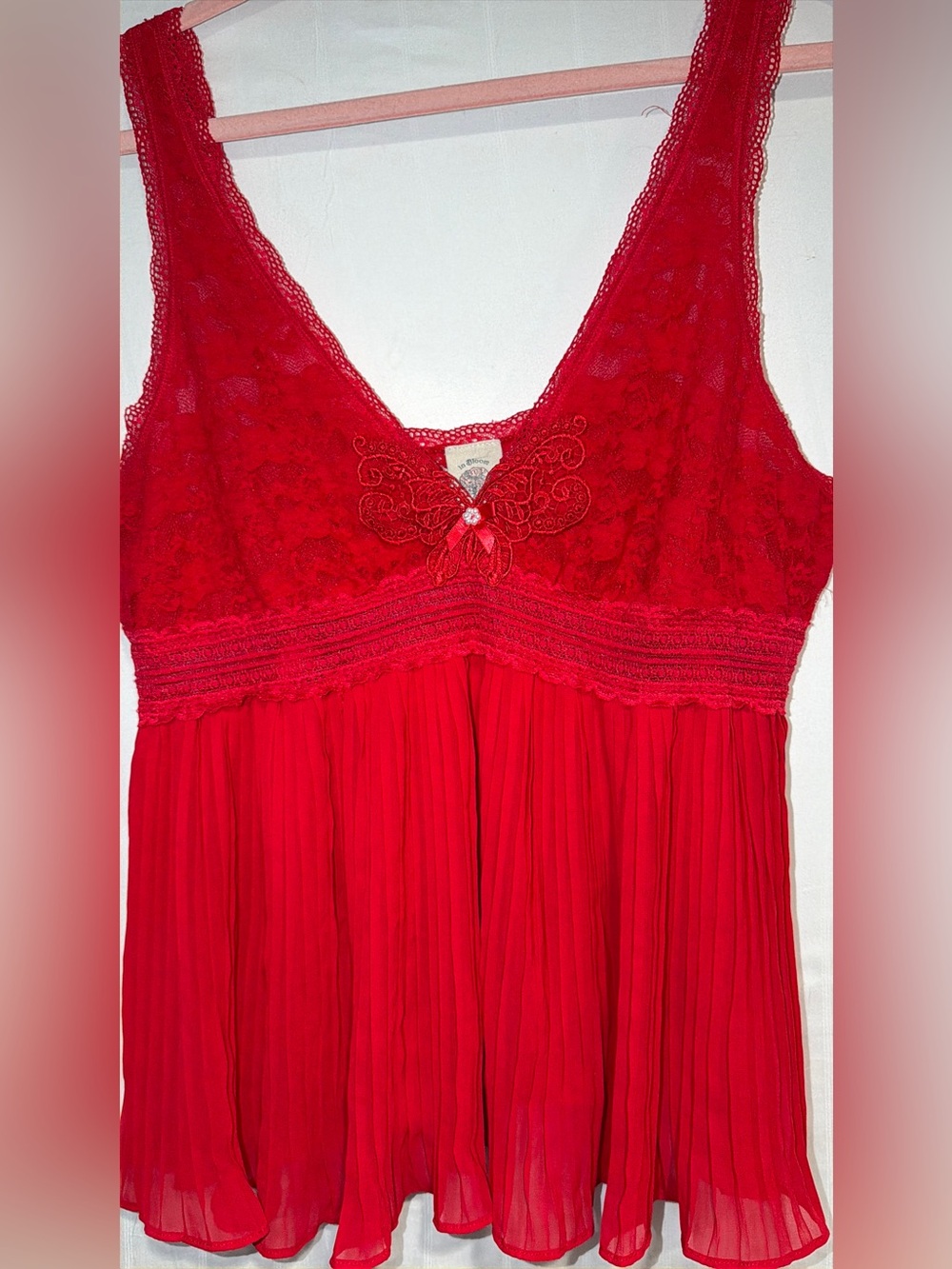 In Bloom Red Lace Pleated Tank Top with Butterfly Accent